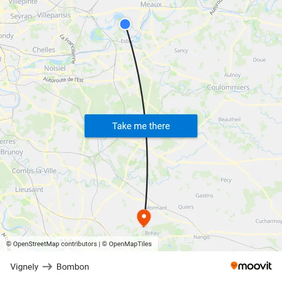 Vignely to Bombon map