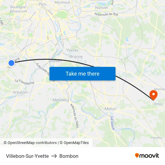 Villebon-Sur-Yvette to Bombon map