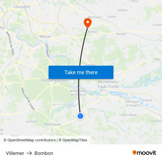 Villemer to Bombon map