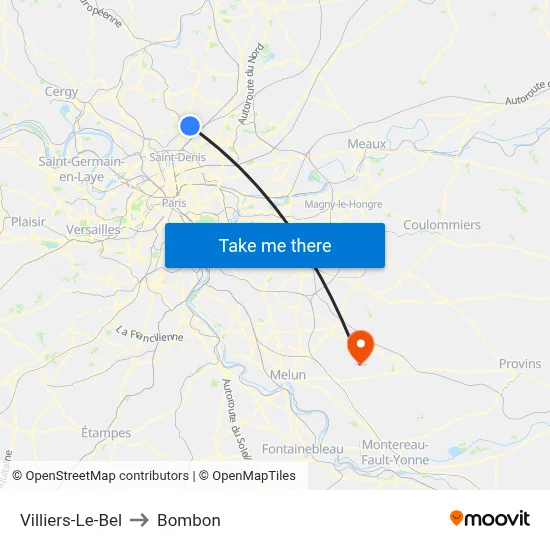 Villiers-Le-Bel to Bombon map