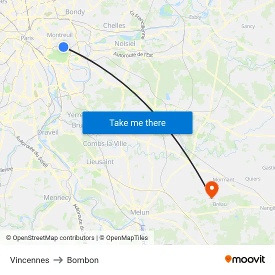 Vincennes to Bombon map