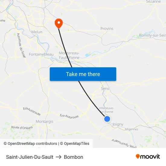 Saint-Julien-Du-Sault to Bombon map