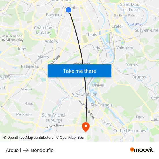 Arcueil to Bondoufle map