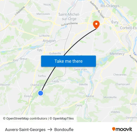Auvers-Saint-Georges to Bondoufle map