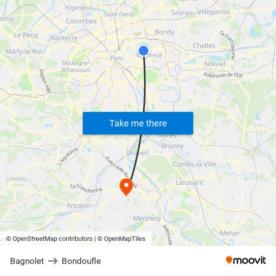 Bagnolet to Bondoufle map