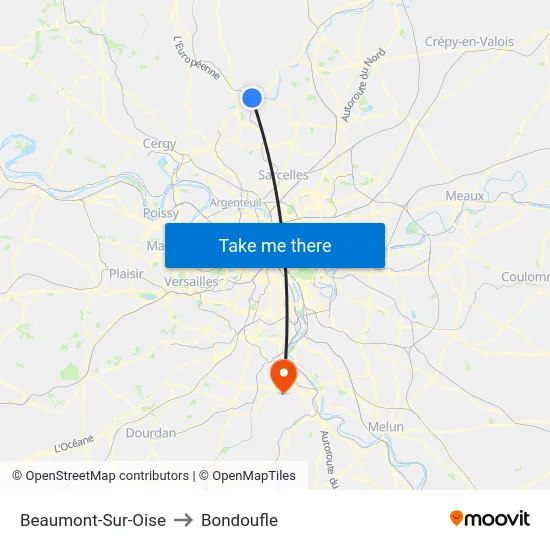 Beaumont-Sur-Oise to Bondoufle map