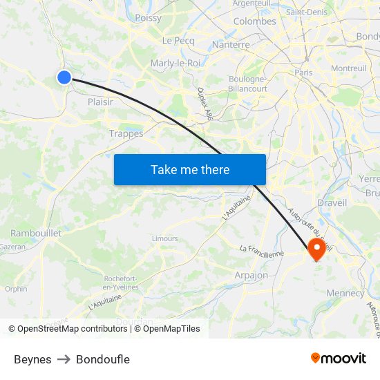 Beynes to Bondoufle map