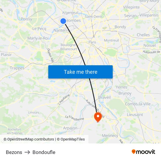 Bezons to Bondoufle map