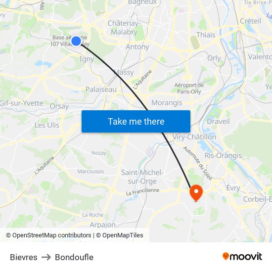Bievres to Bondoufle map