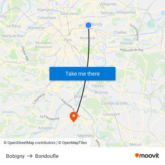 Bobigny to Bondoufle map