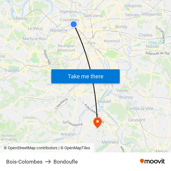 Bois-Colombes to Bondoufle map