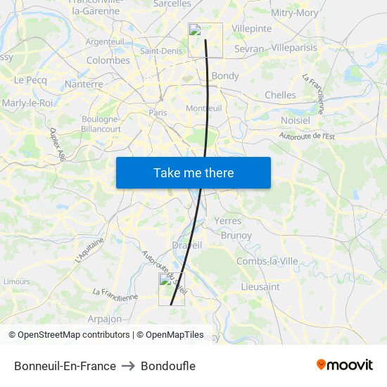 Bonneuil-En-France to Bondoufle map