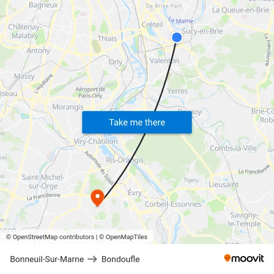 Bonneuil-Sur-Marne to Bondoufle map