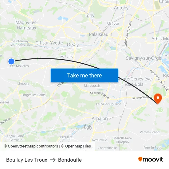 Boullay-Les-Troux to Bondoufle map