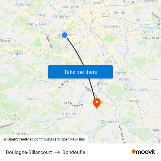 Boulogne-Billancourt to Bondoufle map