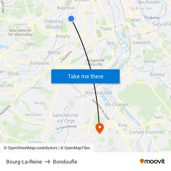 Bourg-La-Reine to Bondoufle map