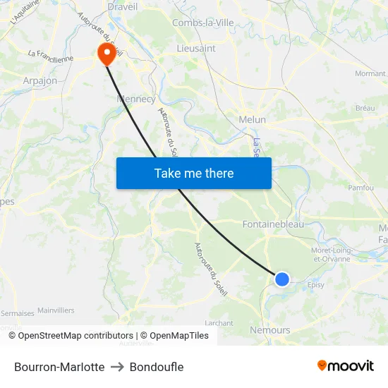 Bourron-Marlotte to Bondoufle map