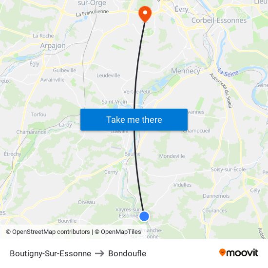 Boutigny-Sur-Essonne to Bondoufle map