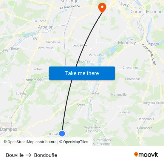 Bouville to Bondoufle map