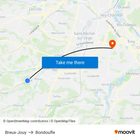 Breux-Jouy to Bondoufle map