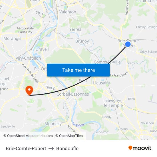 Brie-Comte-Robert to Bondoufle map