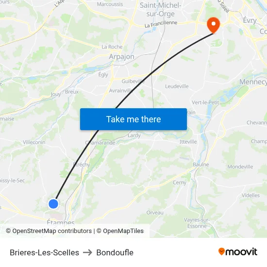 Brieres-Les-Scelles to Bondoufle map