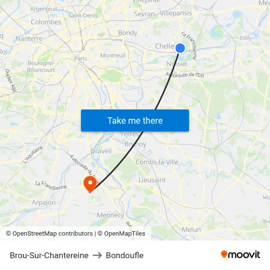 Brou-Sur-Chantereine to Bondoufle map