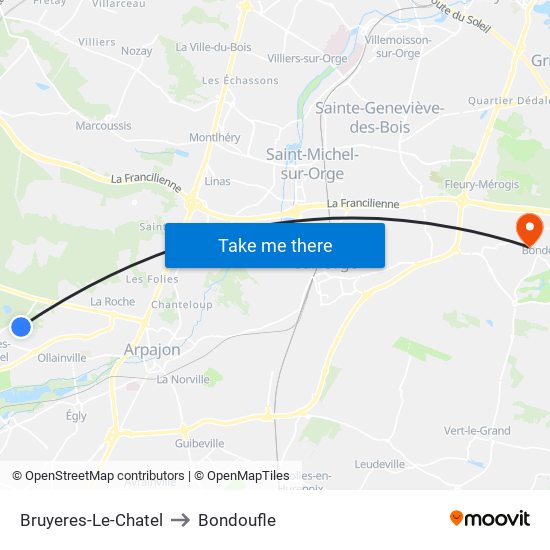 Bruyeres-Le-Chatel to Bondoufle map