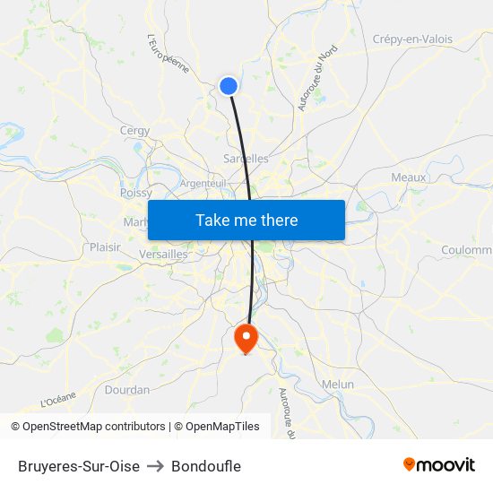 Bruyeres-Sur-Oise to Bondoufle map