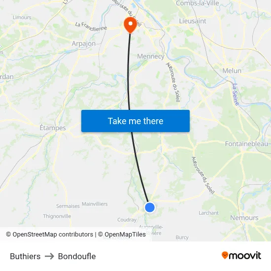 Buthiers to Bondoufle map