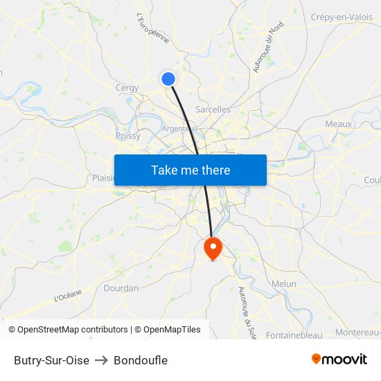 Butry-Sur-Oise to Bondoufle map