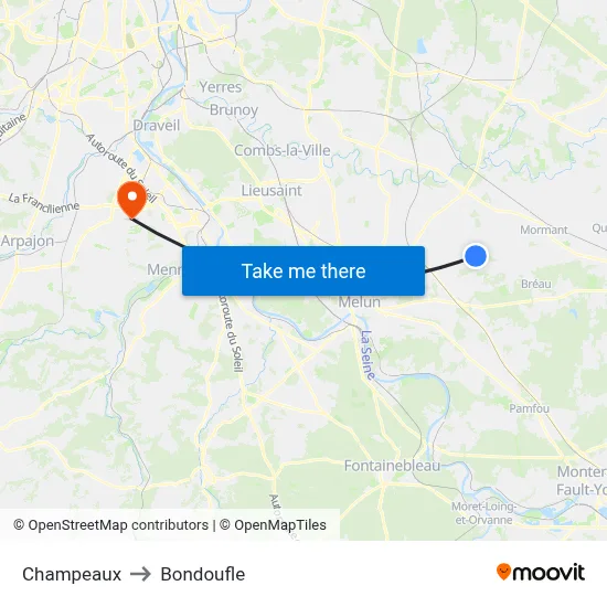 Champeaux to Bondoufle map