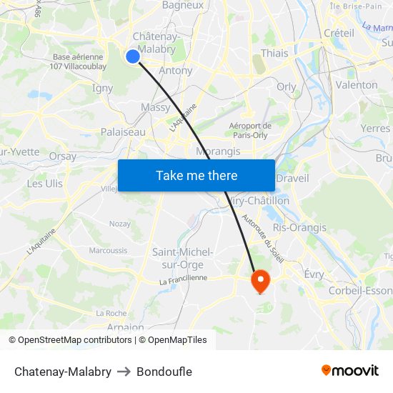 Chatenay-Malabry to Bondoufle map