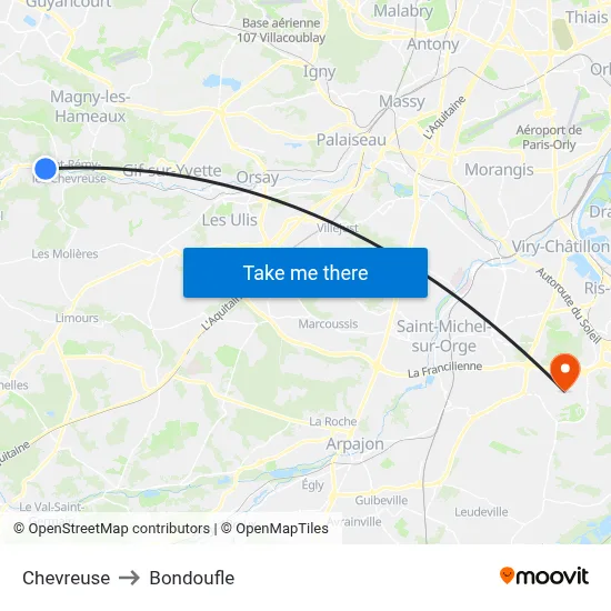 Chevreuse to Bondoufle map