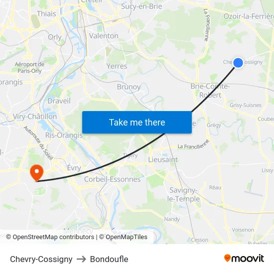Chevry-Cossigny to Bondoufle map