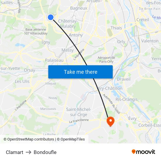 Clamart to Bondoufle map