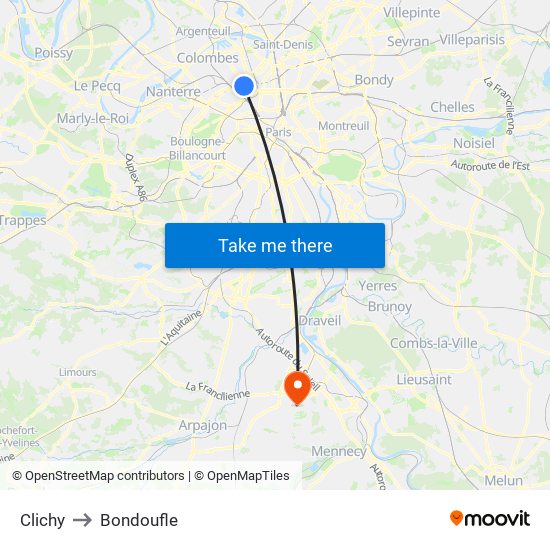 Clichy to Bondoufle map