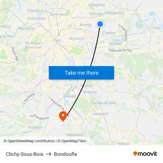Clichy-Sous-Bois to Bondoufle map