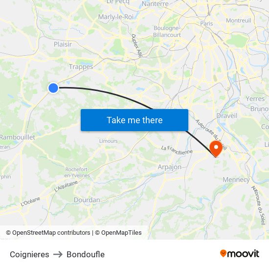 Coignieres to Bondoufle map