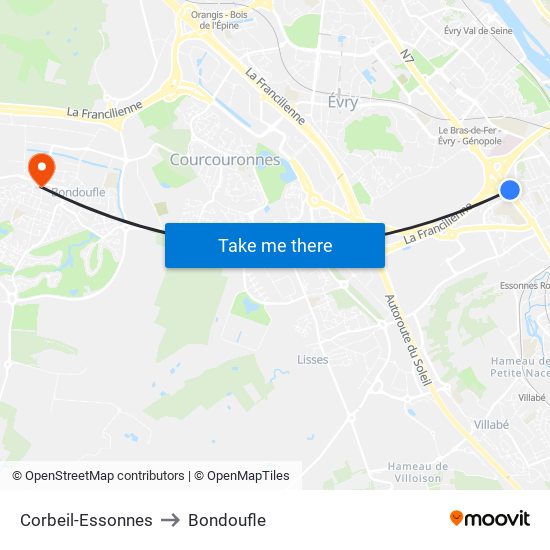 Corbeil-Essonnes to Bondoufle map