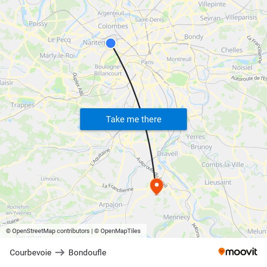 Courbevoie to Bondoufle map