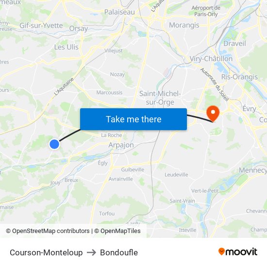 Courson-Monteloup to Bondoufle map