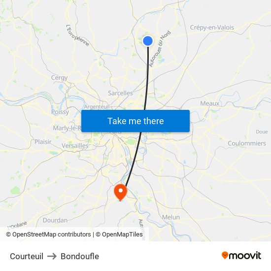 Courteuil to Bondoufle map