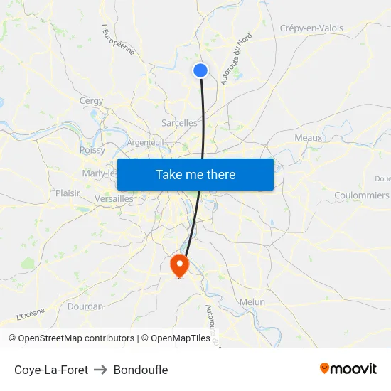Coye-La-Foret to Bondoufle map