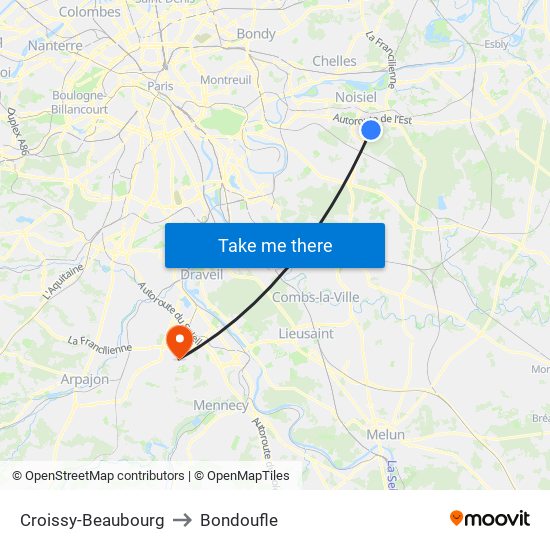 Croissy-Beaubourg to Bondoufle map