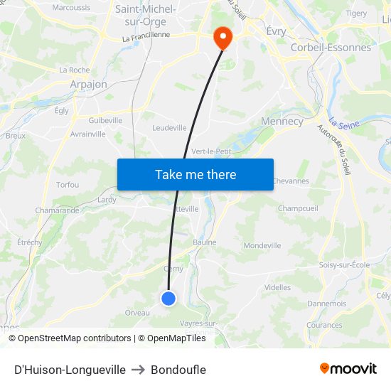 D'Huison-Longueville to Bondoufle map