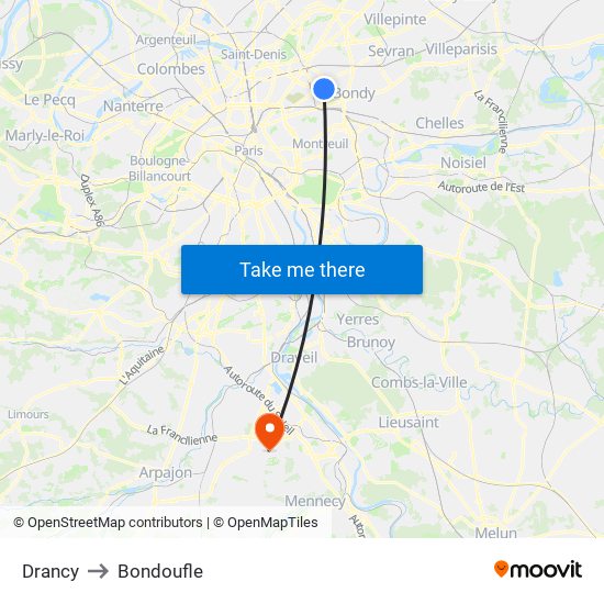 Drancy to Bondoufle map