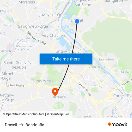 Draveil to Bondoufle map