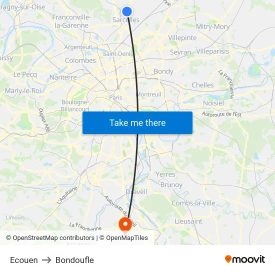 Ecouen to Bondoufle map