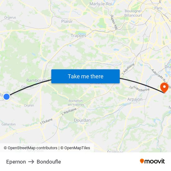 Epernon to Bondoufle map